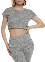 Womens Brushed Knit Crew Neck Cropped Tee, Grey, Size M