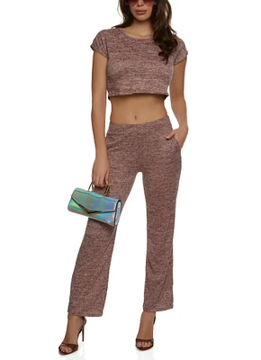 Womens Brushed Knit Crew Neck Cropped Tee, Pink, Size M