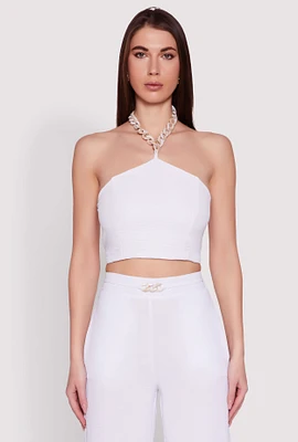Womens Airy Chain Strap Smocked Back Halter Top, White,
