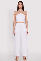 Womens Airy Chain Strap Smocked Back Halter Top, White,