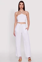 Womens Airy Chain Strap Smocked Back Halter Top, White,