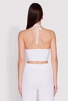 Womens Airy Chain Strap Smocked Back Halter Top, White,