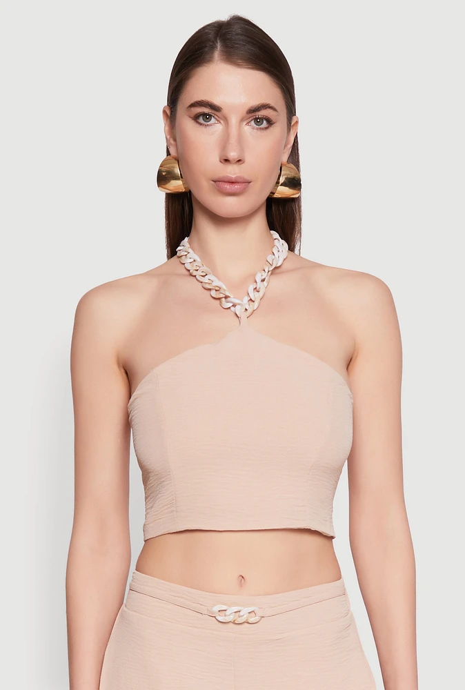 Womens Airy Chain Strap Smocked Back Halter Top, Beige, Size M
