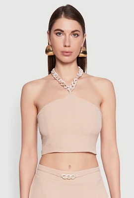 Womens Airy Chain Strap Smocked Back Halter Top, Beige, Size M