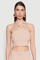 Womens Airy Chain Strap Smocked Back Halter Top, Beige, Size M