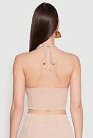 Womens Airy Chain Strap Smocked Back Halter Top, Beige, Size M
