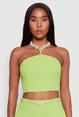 Womens Airy Chain Strap Smocked Back Halter Top, Green, Size M