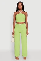 Womens Airy Chain Strap Smocked Back Halter Top, Green, Size M