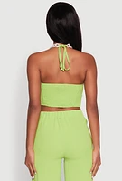 Womens Airy Chain Strap Smocked Back Halter Top, Green, Size M