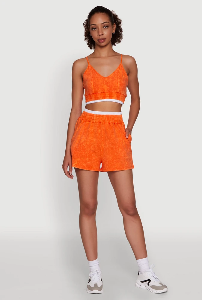 Womens Chic High-Waisted Mineral Wash Shorts, Orange, Size S