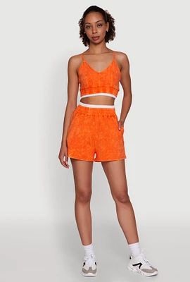 Womens Chic High-Waisted Mineral Wash Shorts, Orange, Size S
