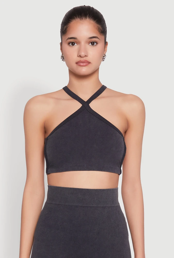 Womens Seamless Caged Open Back Crop Top, Grey,