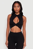 Womens Chic Rib Knit Mock Neck Twist Front Crop Top,