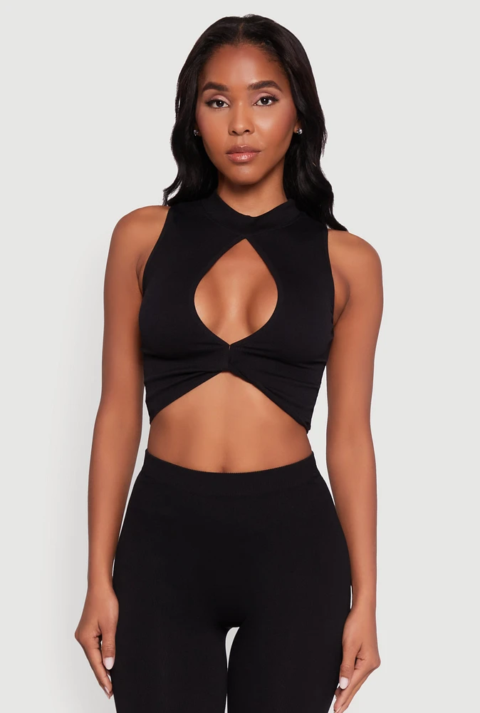 Womens Chic Rib Knit Mock Neck Twist Front Crop Top,