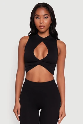 Womens Chic Rib Knit Mock Neck Twist Front Crop Top,