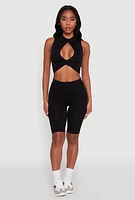 Womens Chic Rib Knit Mock Neck Twist Front Crop Top,