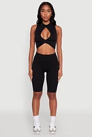 Womens Chic Rib Knit Mock Neck Twist Front Crop Top,