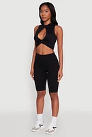 Womens Chic Rib Knit Mock Neck Twist Front Crop Top,