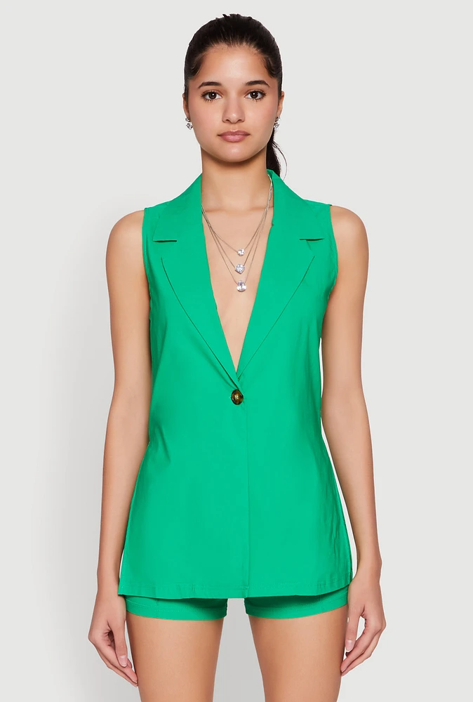 Womens One Button Blazer Vest, Green, Size M