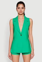 Womens One Button Blazer Vest, Green, Size M