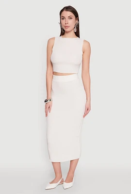 Womens Textured Knit Midi Pencil Skirt, White,