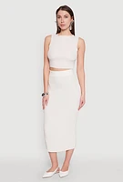 Womens Textured Knit Midi Pencil Skirt, White,