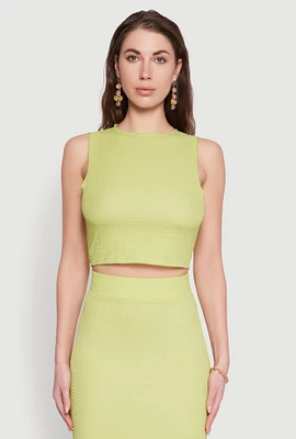 Womens Sleeveless Textured Knit Crop Top, Green,