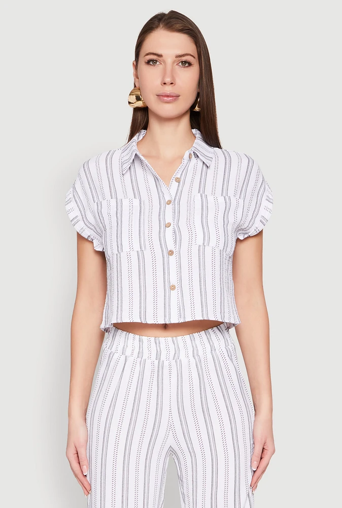 Womens Airy Striped Pattern Shirt, White, Size L