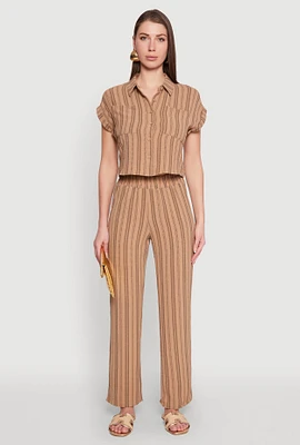 Womens Airy Striped Pattern Pants, Brown, Size L