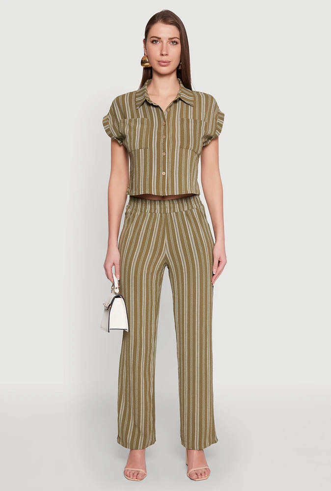 Womens Airy Striped Pattern Pants, Green, Size M
