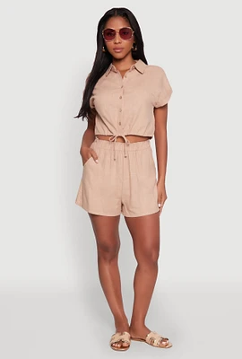 Womens Stylish High Waisted Shorts with Elastic Waist, Khaki, Size L