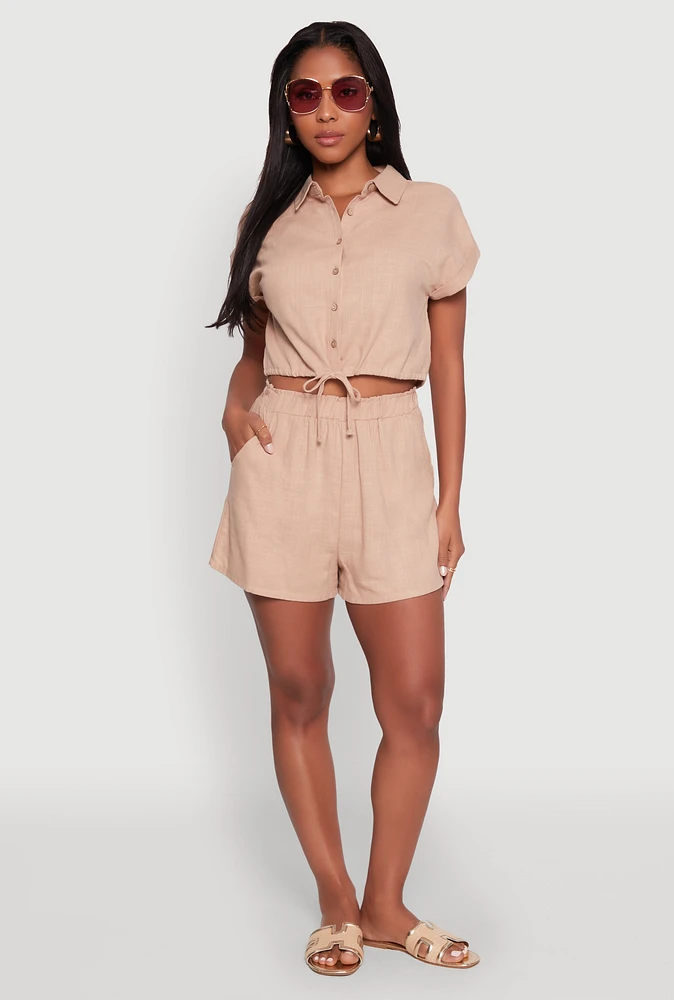 Womens Stylish High Waisted Shorts with Elastic Waist, Khaki, Size XL