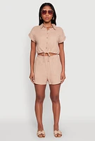 Womens Stylish High Waisted Shorts with Elastic Waist, Khaki, Size XL