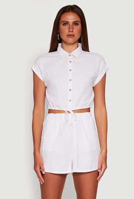 Womens Stylish Button Front Cropped Shirt with Rolled Cuffs, White, Size S