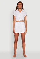 Womens Stylish Button Front Cropped Shirt with Rolled Cuffs, White, Size S