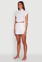 Womens Stylish Button Front Cropped Shirt with Rolled Cuffs, White, Size S