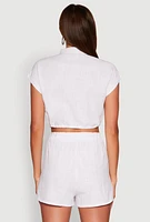 Womens Stylish Button Front Cropped Shirt with Rolled Cuffs, White, Size S