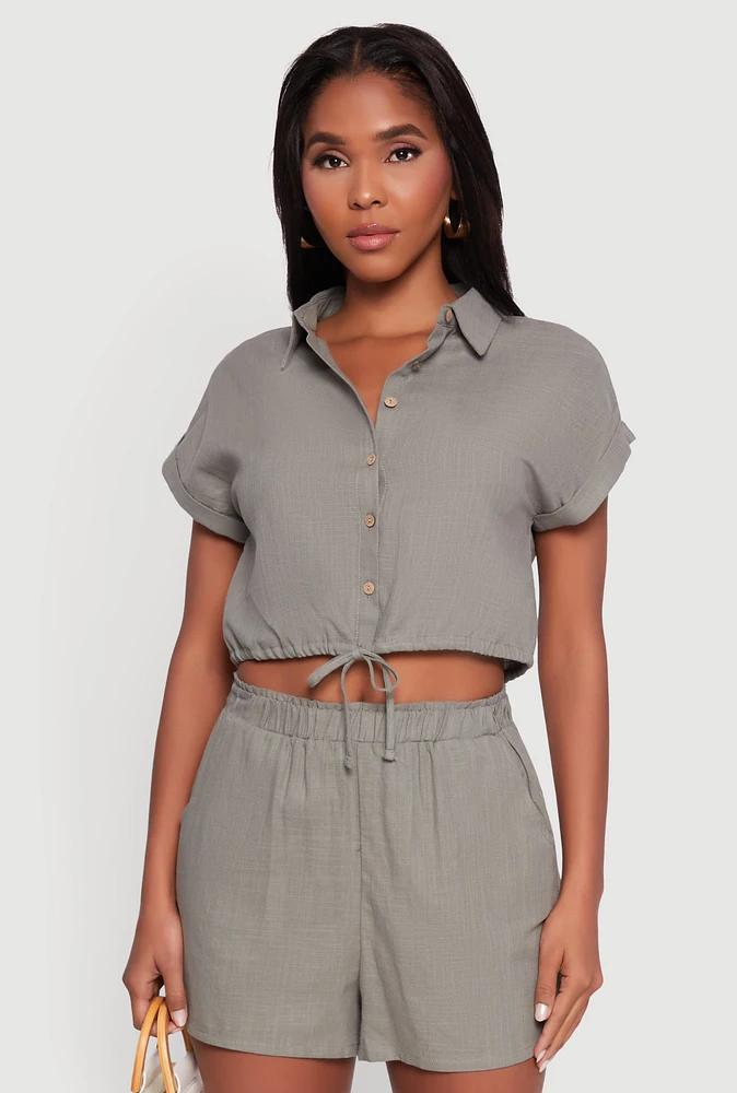 Womens Stylish Button Front Cropped Shirt with Rolled Cuffs, Green,