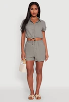Womens Stylish Button Front Cropped Shirt with Rolled Cuffs, Green,