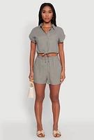 Womens Stylish Button Front Cropped Shirt with Rolled Cuffs, Green,