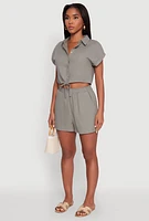 Womens Stylish Button Front Cropped Shirt with Rolled Cuffs, Green,