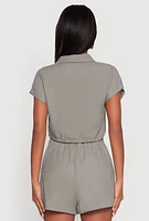 Womens Stylish Button Front Cropped Shirt with Rolled Cuffs, Green,