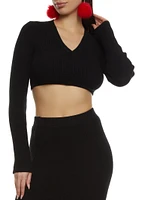 Womens Knit V Neck Cropped Sweater, Black, Size L