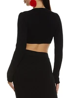 Womens Knit V Neck Cropped Sweater, Black, Size L