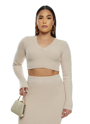 Womens Knit V Neck Cropped Sweater, Beige,