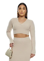 Womens Knit V Neck Cropped Sweater, Beige,