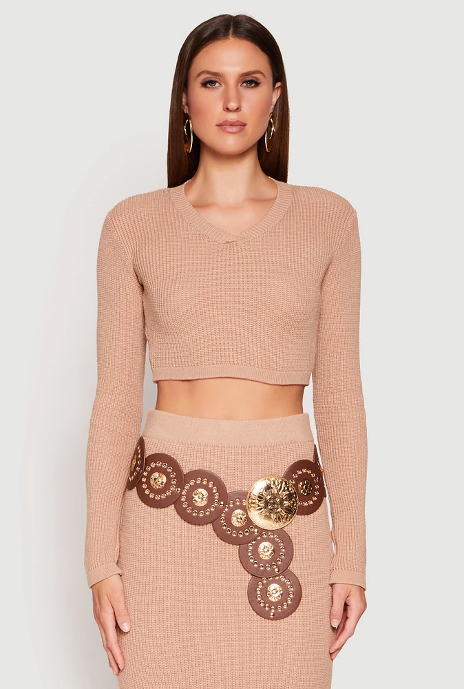 Womens Knit V Neck Cropped Sweater, Beige, Size L