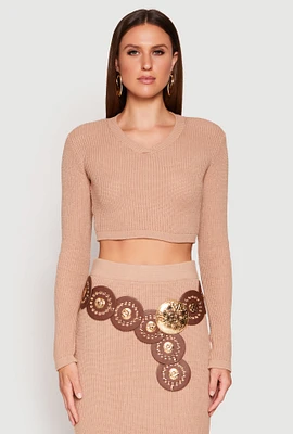 Womens Knit V Neck Cropped Sweater, Beige, Size L