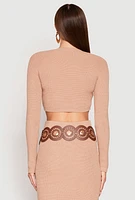 Womens Knit V Neck Cropped Sweater, Beige, Size L