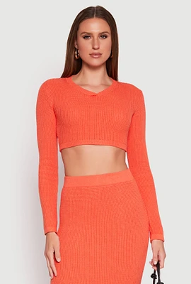 Womens Knit V Neck Cropped Sweater, Orange, Size M